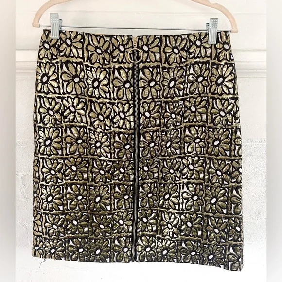 J. McLaughlin Perita Mini Skirt Vintage Daisy Gold Metallic Brocade Zip Front - Picture 2 of 14